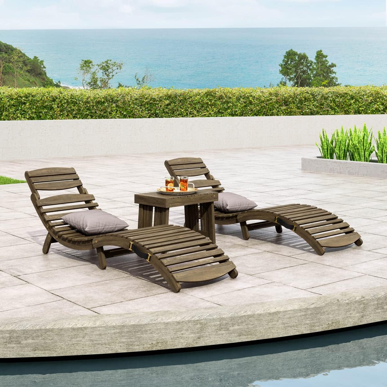 Geoffrey Outdoor Acacia Wood Chaise Lounge Set, Gray Finish
