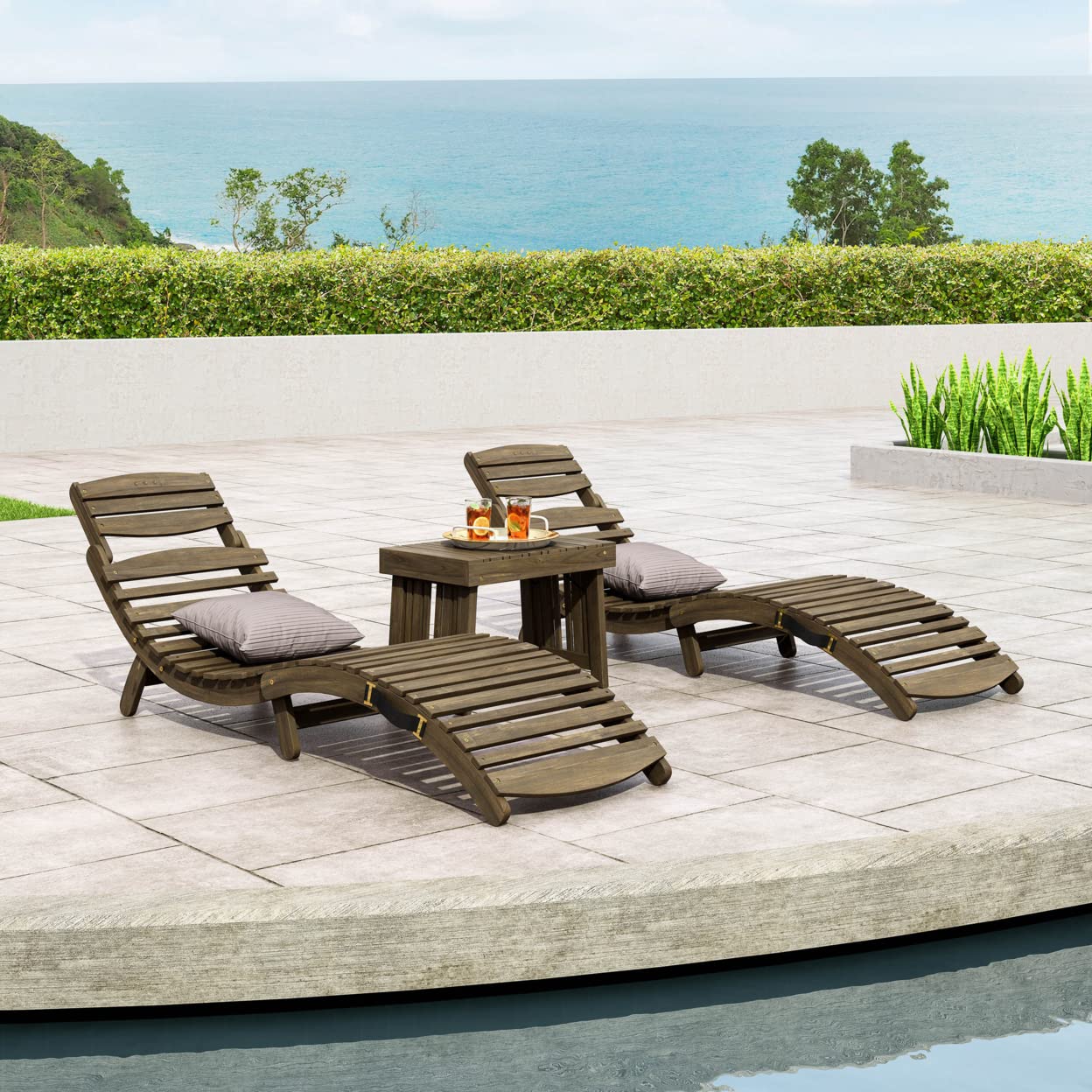 Geoffrey Outdoor Acacia Wood Chaise Lounge Set, Gray Finish