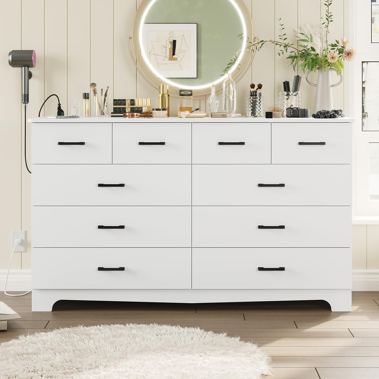 White Bedroom Dresser with 10 Drawers, Large Chest of Drawers Storage Organizer, Long