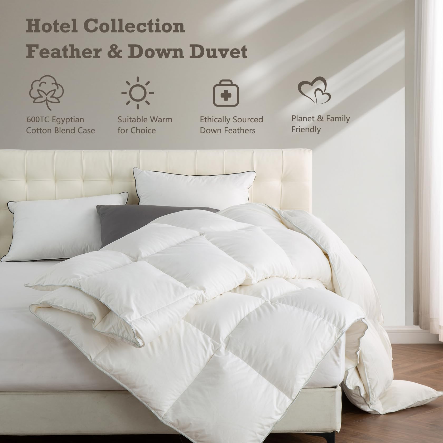 BPC Luxury Feathers Down Comforter Twin Size All Season Duvet Insert - Cloud Fluffy 750 Fill Power, Ultra-Soft Egyptian Cotton, Solid White, 68x90 Inches