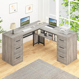 Shaped Corner Home Office Desk with Drawers, Large Computer Desk with Storage File Cabinet Shelves, Rustic Wood Metal Computer Table for Bedroom Executive Work Study Writing, Dark Gray, 59 Inch