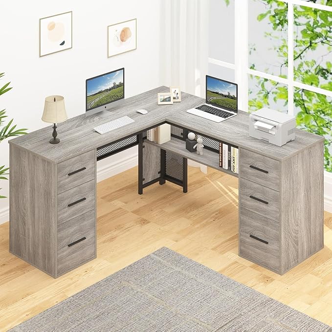 Large L Shaped Desk with Storage File Cabinet，Corner L-Shaped Computer Desk