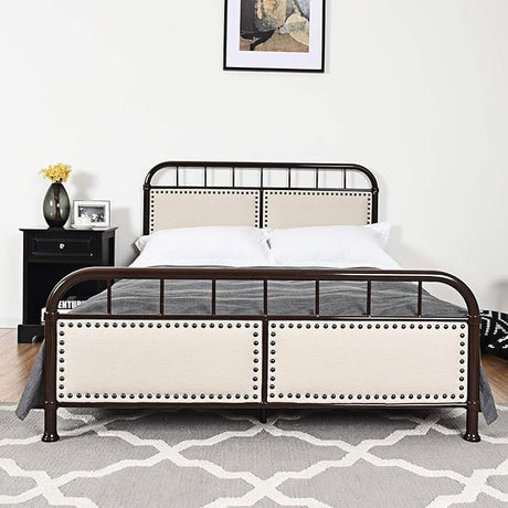 Metal Bed Frame, Full Size Bed Platform with Comfortable Upholstered Headboard