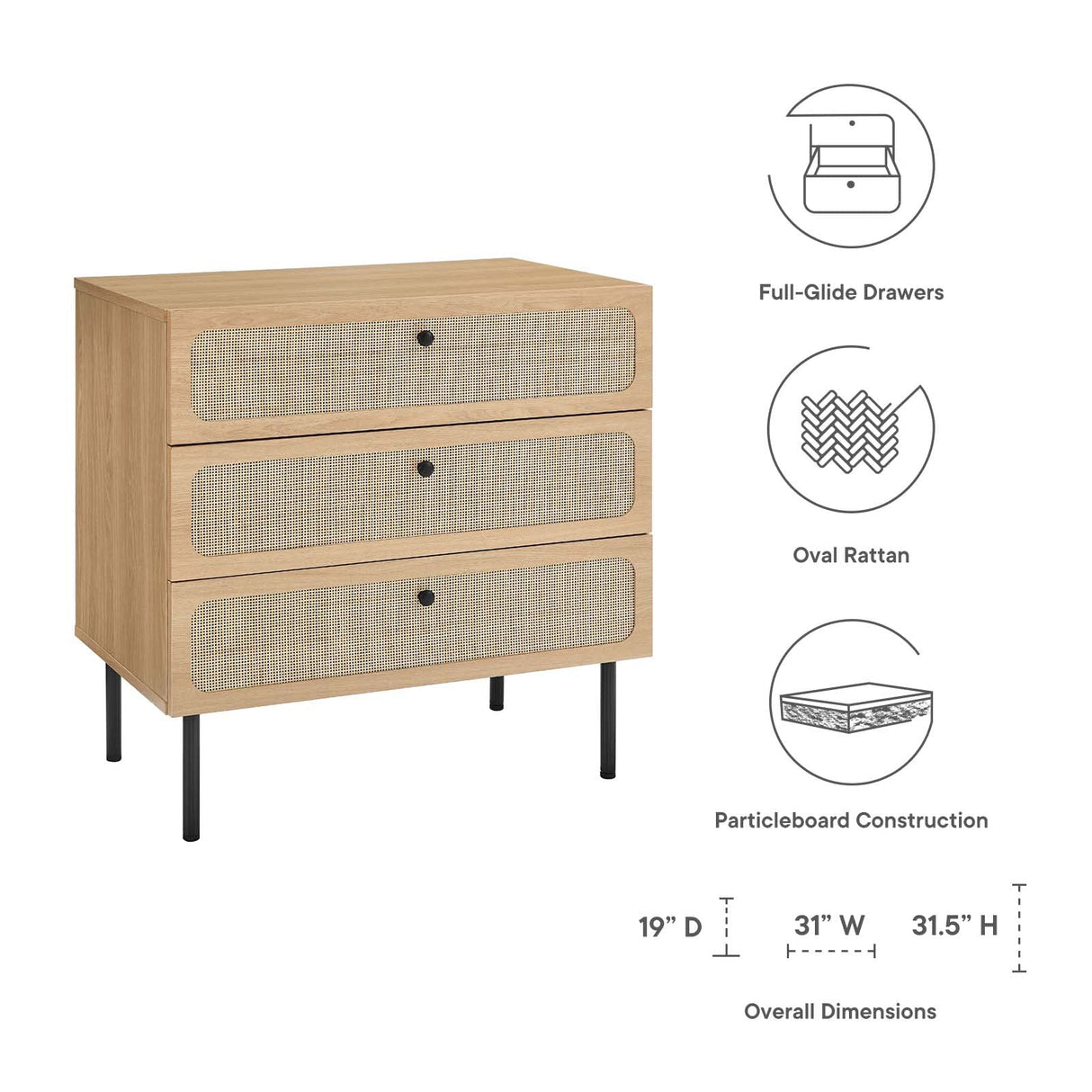 Modway Chaucer Dresser, 3-Drawer Chest, Oak