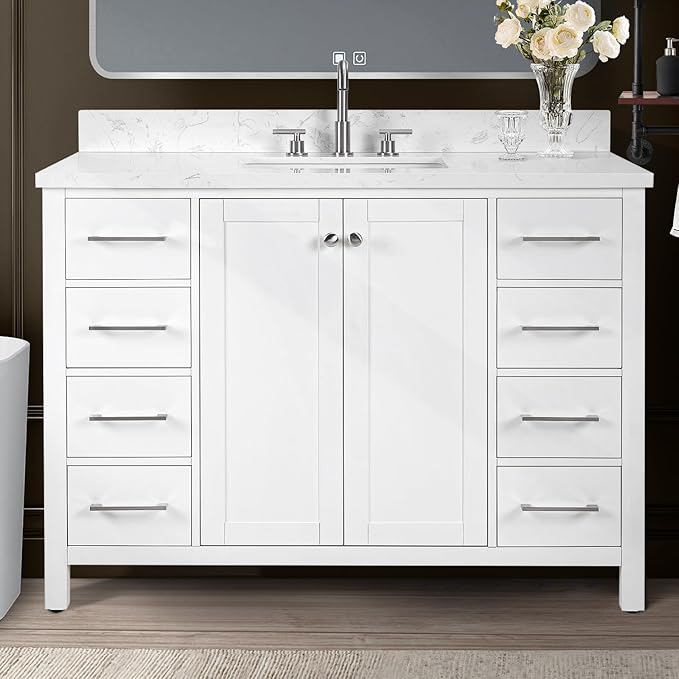 Bathroom Vanity with Sink, Solid Wood Vanity Cabinet with Carrara Marble Stone Top