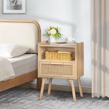 Rattan Nightstand, Boho Side Table with Drawer Open Shelf, Cane Accent Bedside End Table with Solid