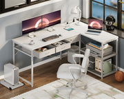 53 Inch L Shaped Computer Desk with Drawers, Corner Desk with Power Outlets & Reversible Storage Shelves