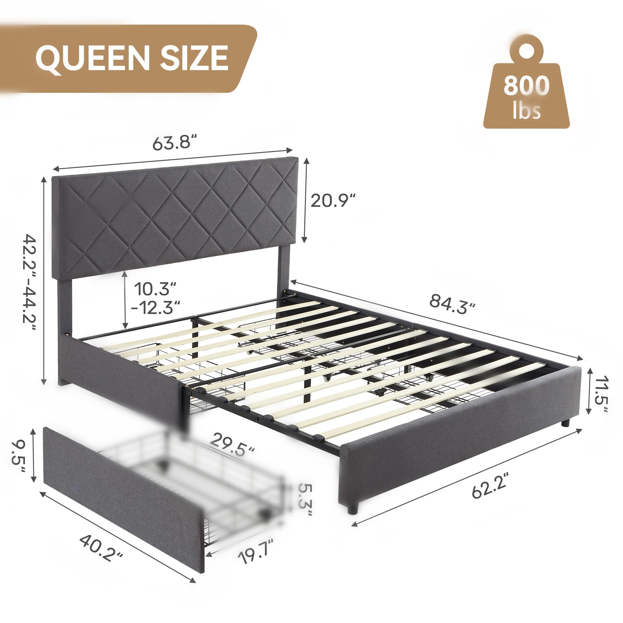 Queen Bed Frame Upholstered Bed Frame Platform with 4 Storage Drawers and Adjustable