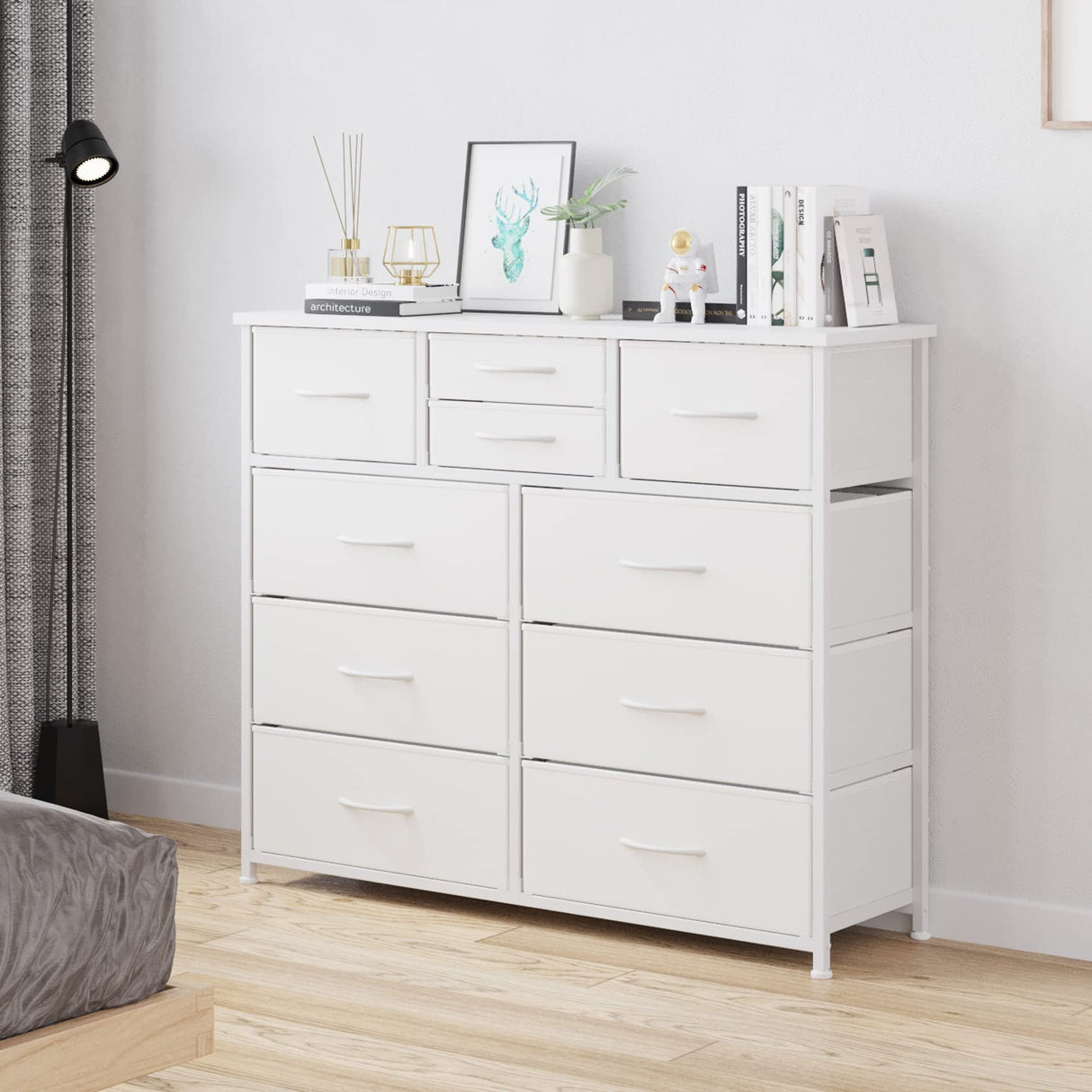 10-Drawer Dresser, Fabric Storage Dressers Drawers for Bedroom, Hallway, Nursery, Closets, Steel Frame, Wood Top, Easy Pull Handle (White)