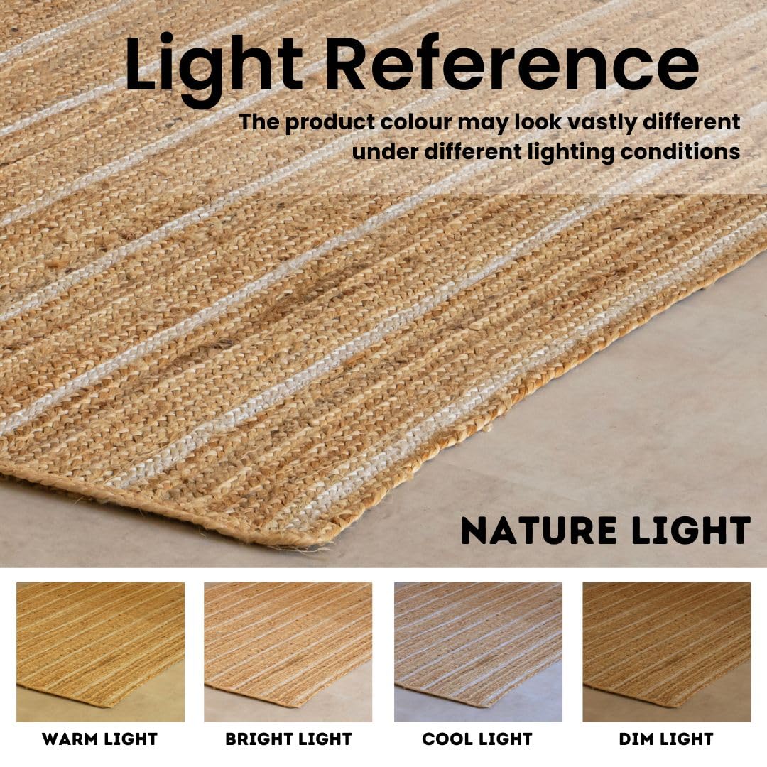 HOMEMONDE Natural Braided Jute Area Rug - 8'x10' Off White Stripe Eco Friendly Premium Fiber - Durable and Reversible Boho Farmhouse Decor Rugs for Living Room, Bedroom, Dinning Room, Kitchen, Office