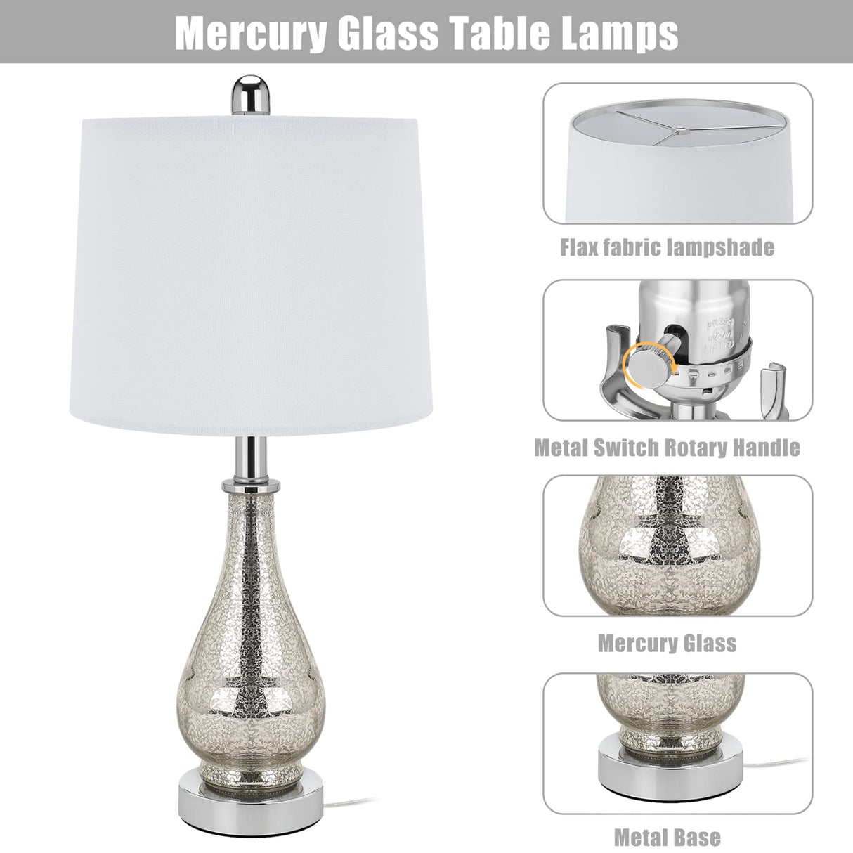 Glass Table Lamps Set of 2, Modern 23.5” High Silver Mercury Glass