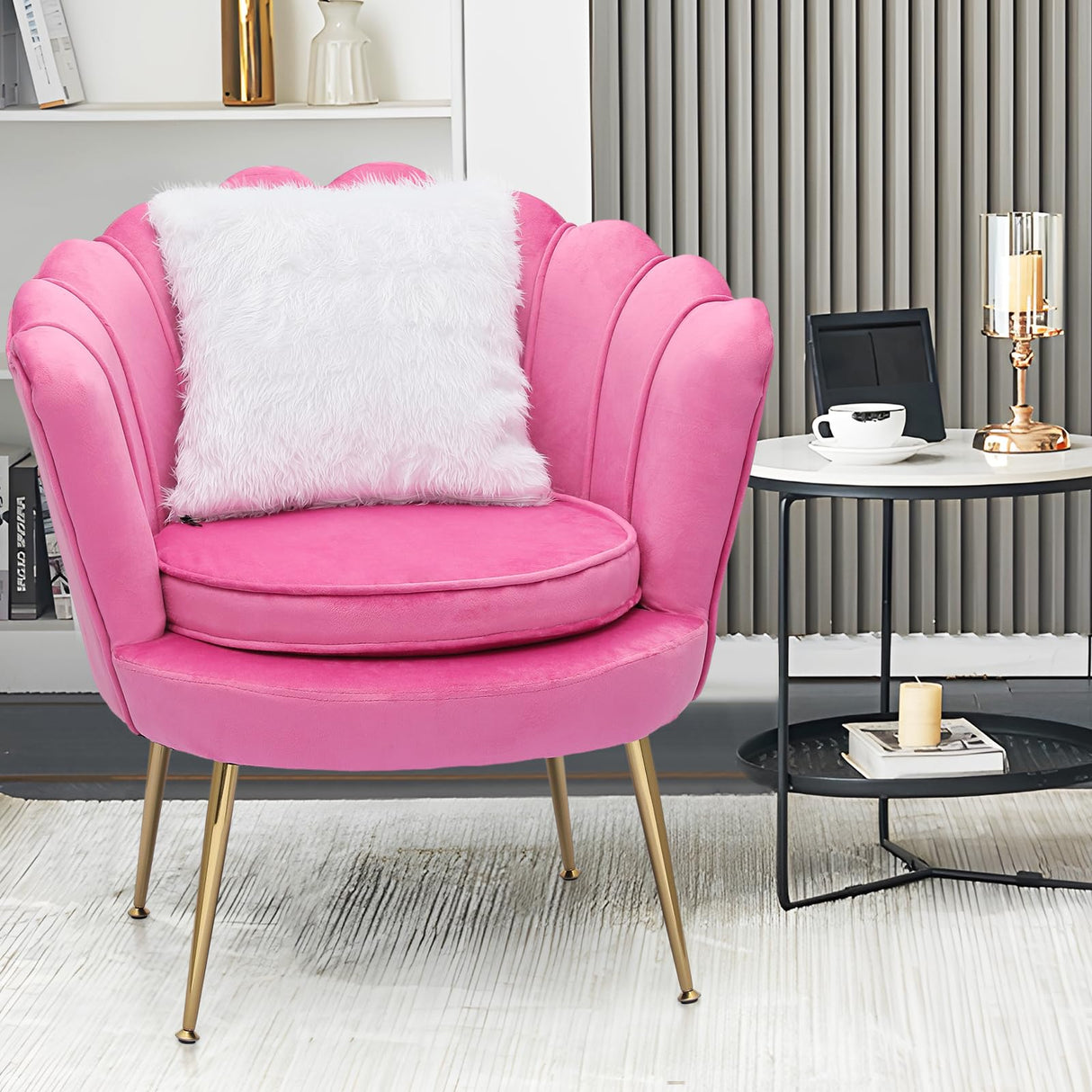 Modern Scalloped Back Accent Velvet Upholstered Armchair with Golden Legs and Soft