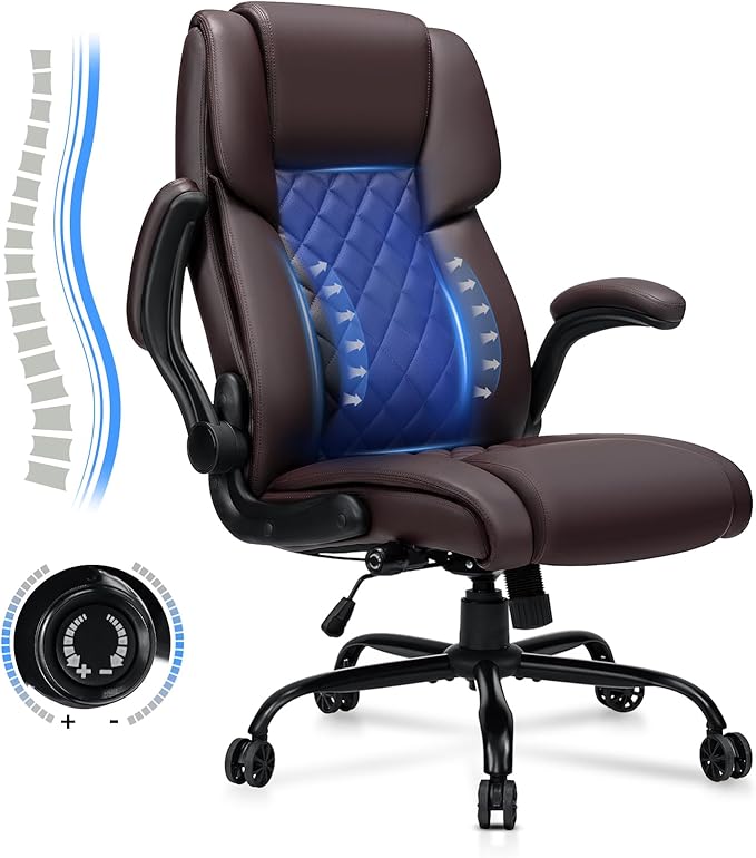 Big and Tall Office Chair 450lbs Heavy Duty Ergonomic Executive Desk Chair with Adjustable Lumbar Support High Back Home Computer Leather Chair with Padded Flip-up Arms for Heavy People Black