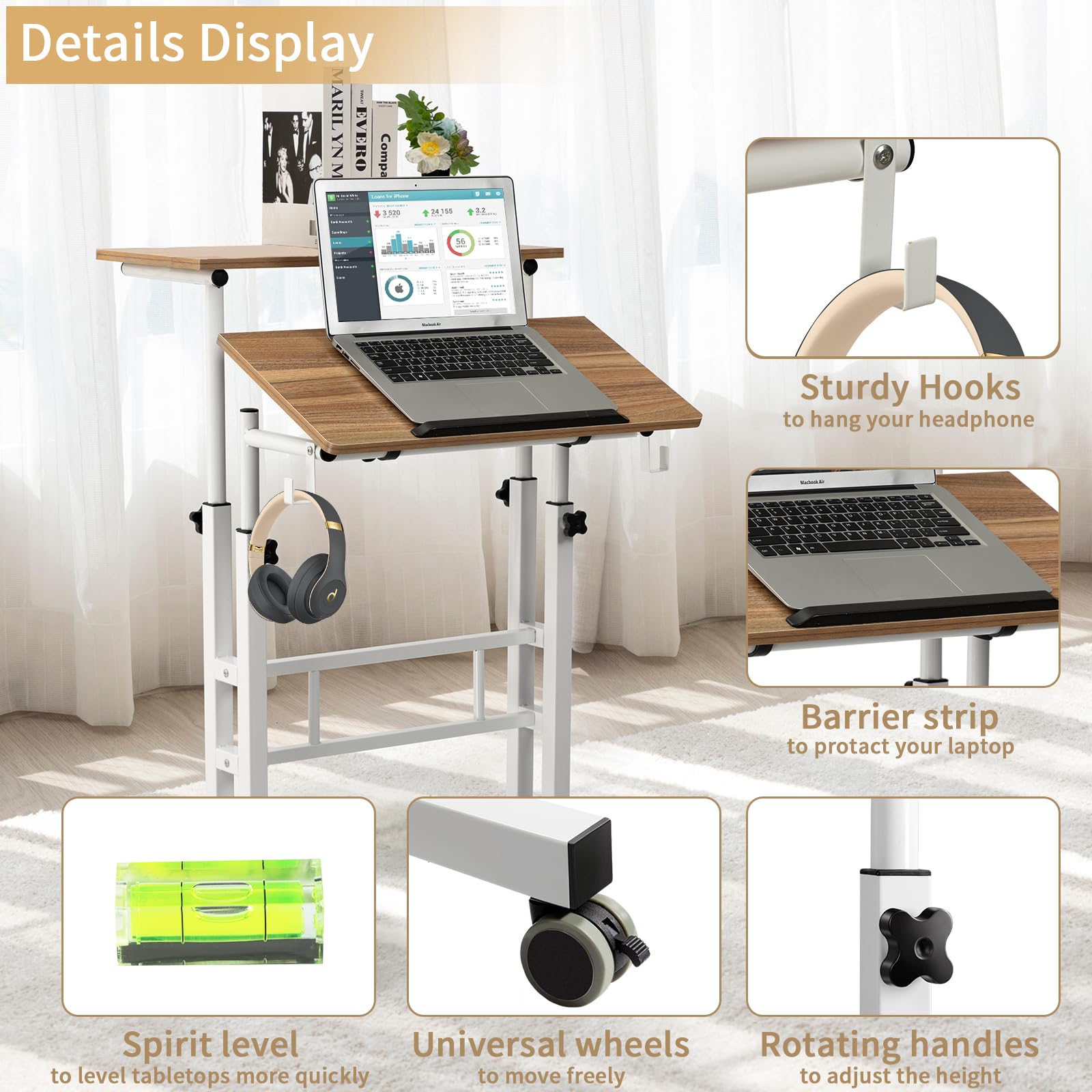 SIDUCAL Small Standing Desk, Portable Stand Up Desk, Height Adjustable Mobile Standing Desk Converter with Wheels Computer Workstations, Rolling Desk Laptop Cart for Standing or Sitting, Vintage Oak