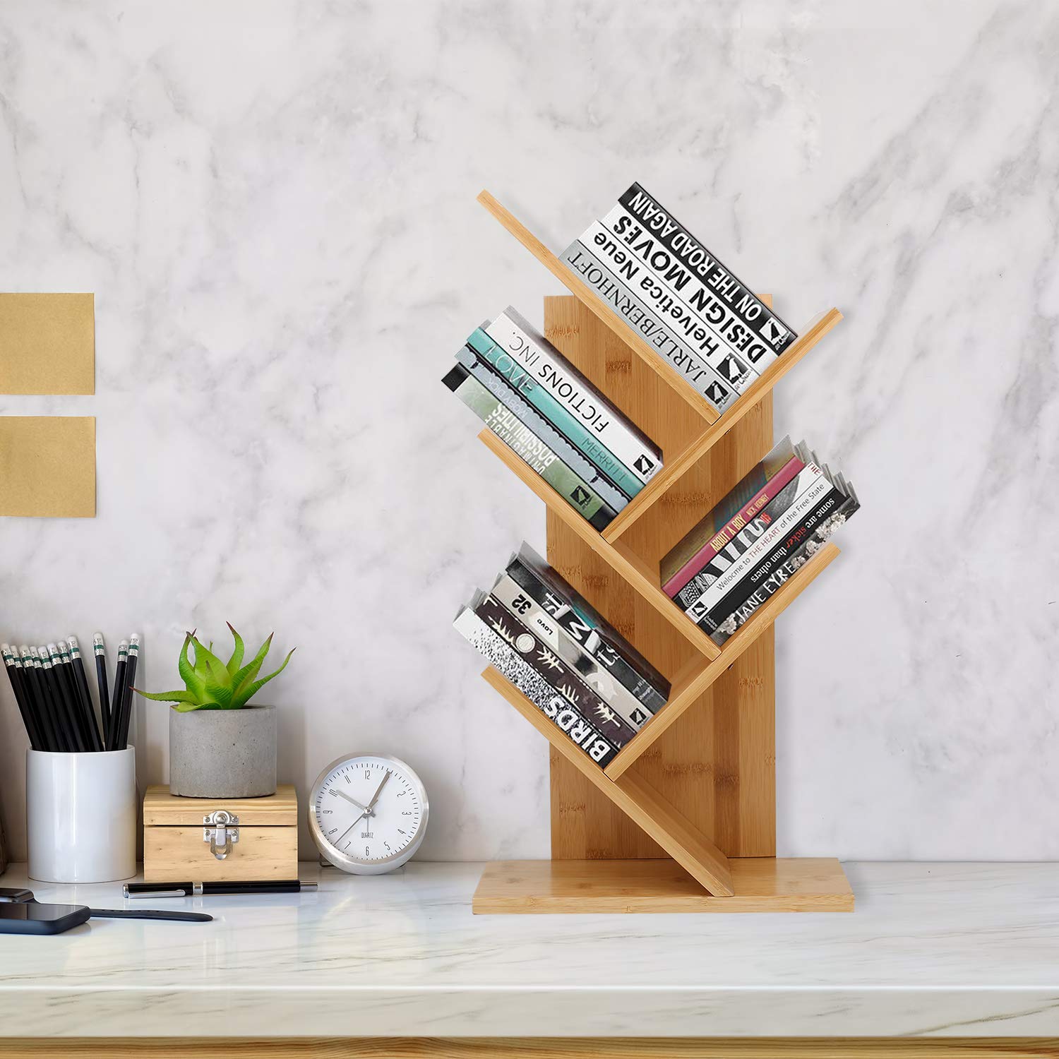 Sorfity Bamboo furniture, Bamboo Book Shelf 4-Tier, Tree Bookcase Free Standing Book Shelves, Modern Corner Bookshelf Organizer for CDs/Albums/Books/Files Holder, for Living Room, Bedroom, Home Office