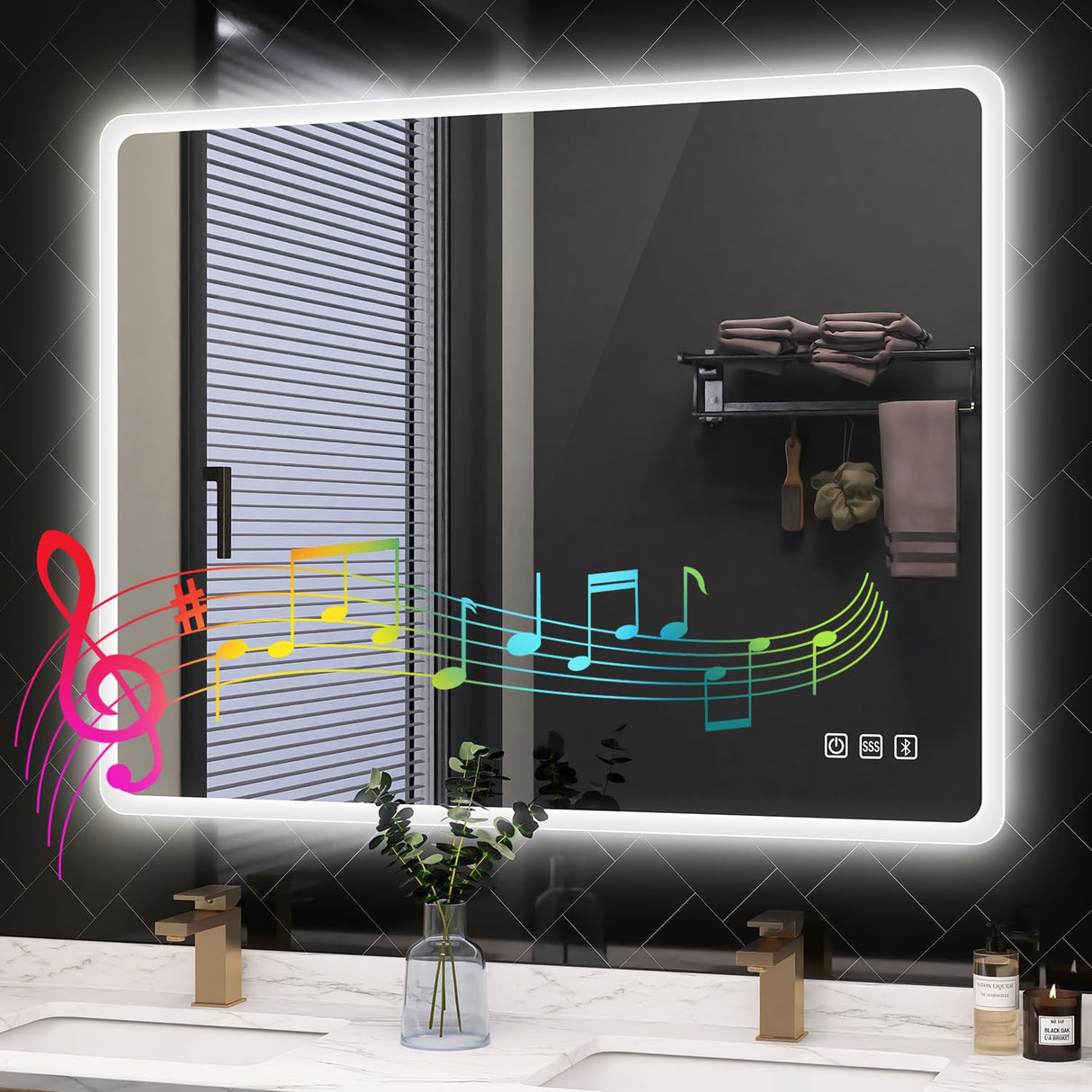 28"x36" LED-Bathroom-Mirror-with-Lights, Wall-Mounted with Bluetooth Speaker