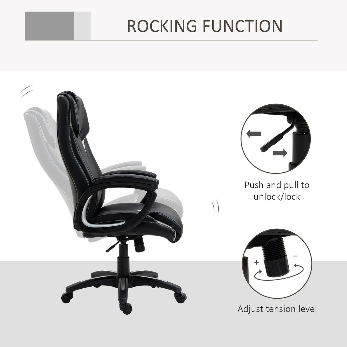 Vinsetto Ergonomic High Back Executive Office Chair with Padded Armrests, Adjustable Height PU Leather Computer Desk Chair with Breathable Mesh Backrest, 360° Swivel, Rocking Feature, Wheels