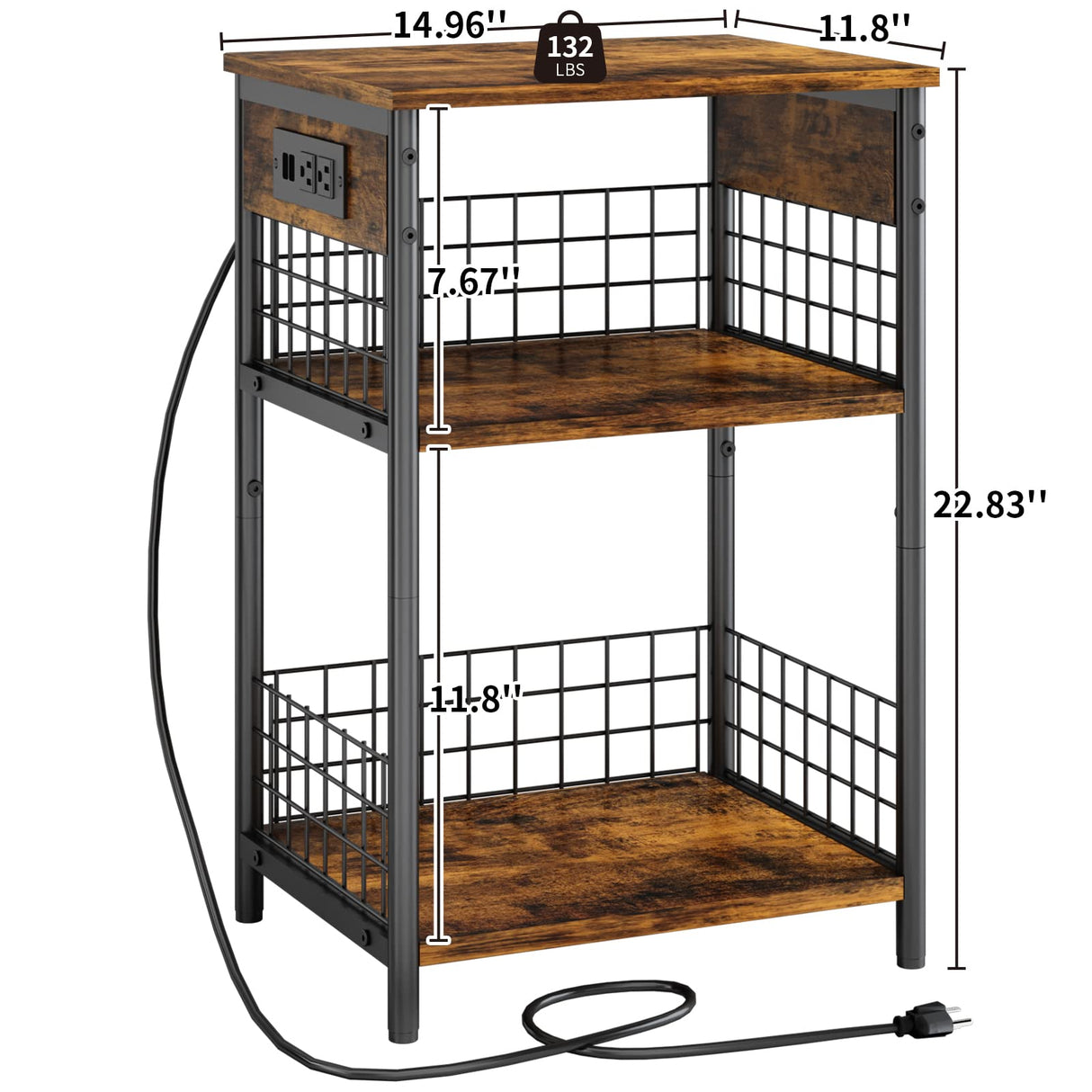 Side Table with Charging Station & USB Ports,3-Tier End Table for Living Room