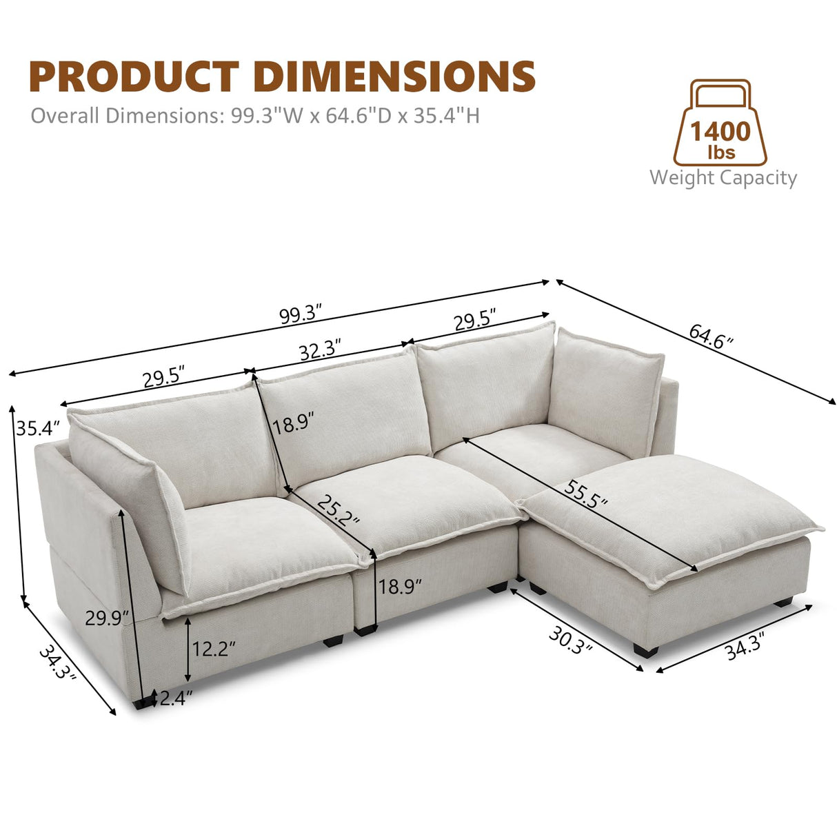 KIVENJAJA 99.3”W L-Shaped Down Filled Sectional Couch, 4 Seater Modular Sofa with Ottoman, Modern Comfy Cloud Couches for Living Room Apartment Small Space, Linen Fabric, Beige