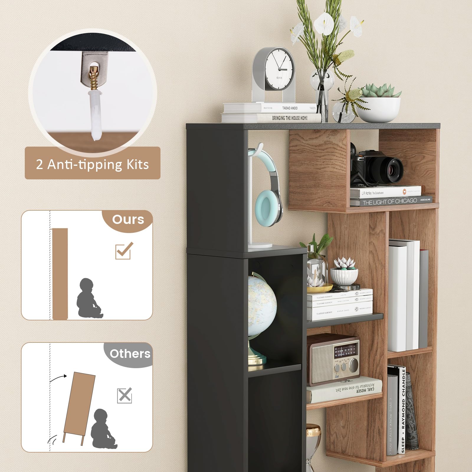 47-Inch Bookshelf, Modern Wooden Geometric Bookcase with Open Shelves, Anti-Tipping Kits, Wood Book Case Shelf, Open Cube Storage Organizer Display Rack for Living Room