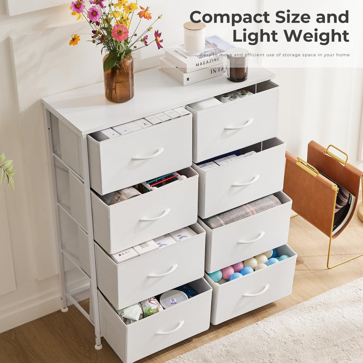 Dresser for Bedroom, Tall Dresser with 8 Drawers, Storage Tower with Fabric Bins, Double