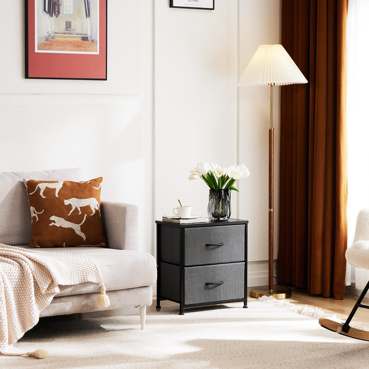 Nightstands Set of 2, Metal Frame and Wood Top Night Stand with 2 Drawer Dresser,