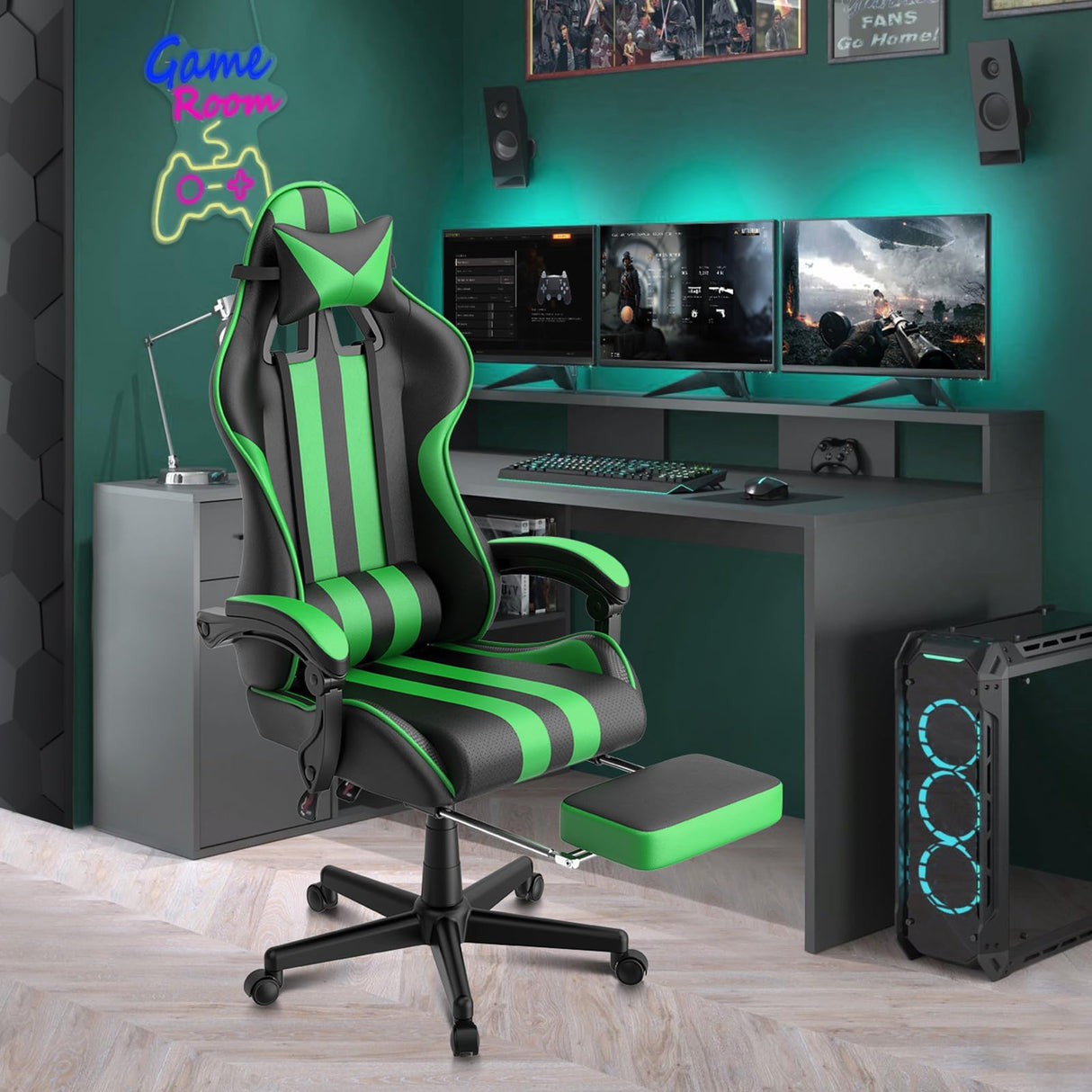 Green Gaming Chair with Footrest,Headrest,Lumbar Support Gamer Chair