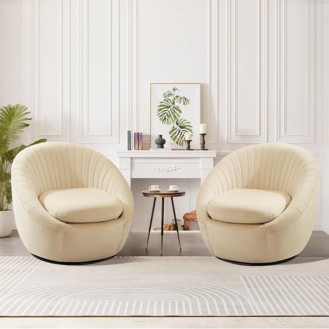 Swivel Accent Chair, Modern Velvet Shell Swivel Barrel Chair with Wide Seat, FSC Certified Upholstered Single Sofa Swivel Chair for Living Room Bedroom Nursery, Cream Beige