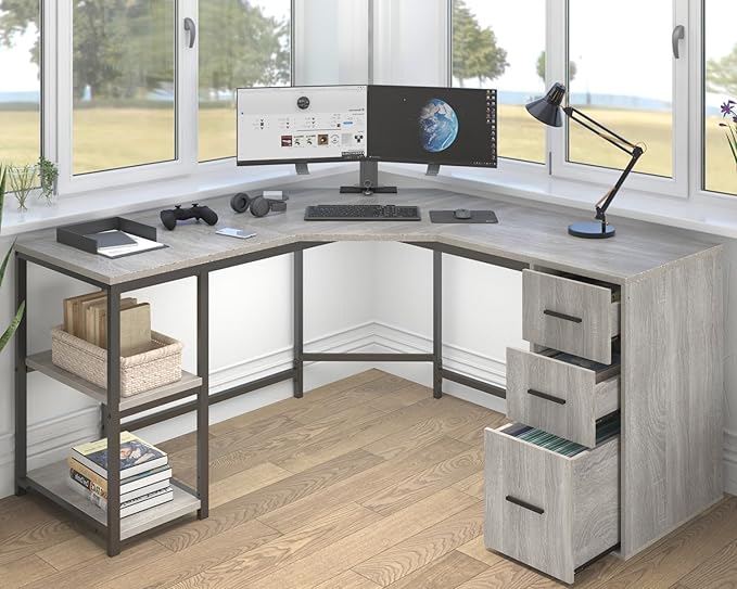 White L Shaped Corner Desk with Drawers, Reversible Modern L-Shaped Computer