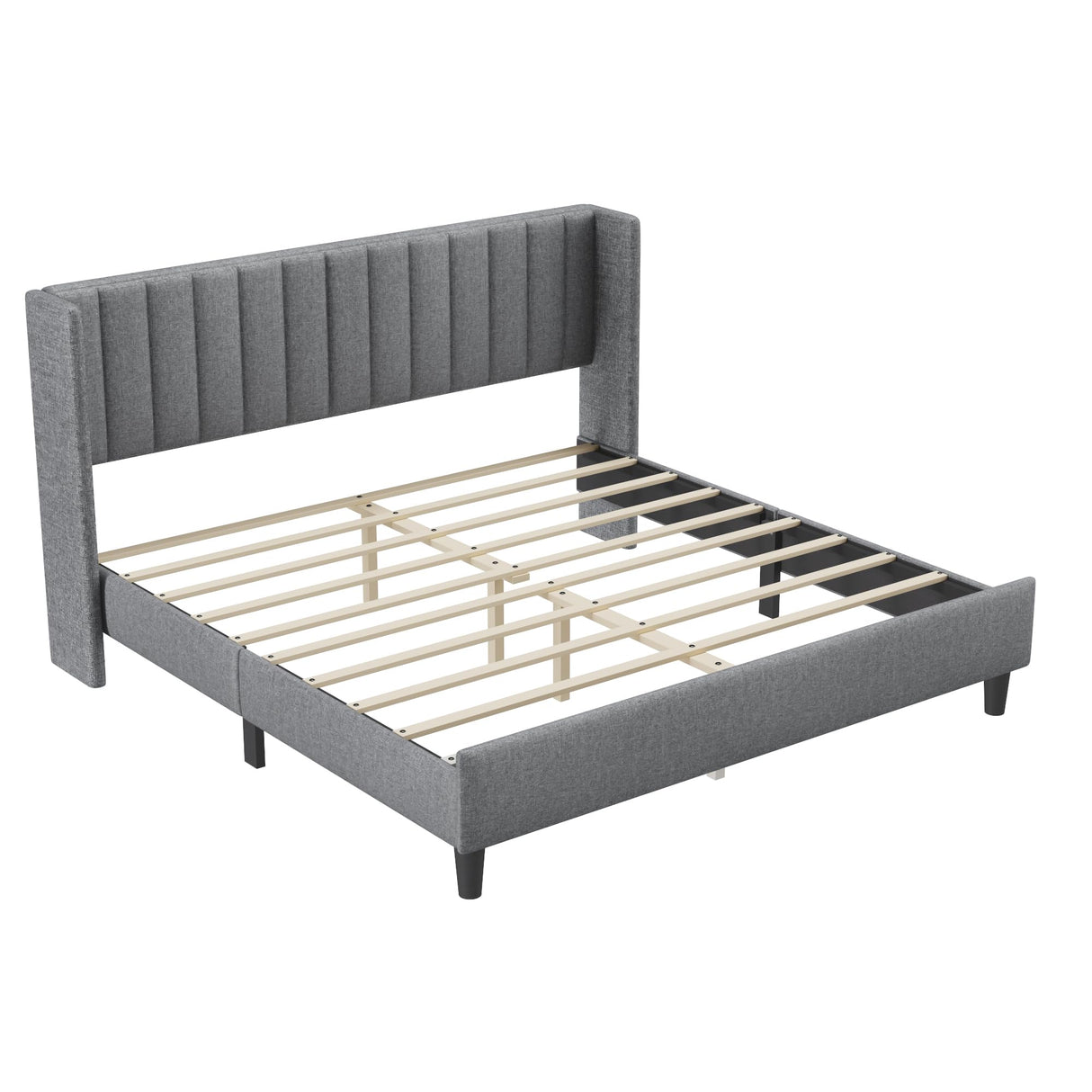 Bed Frame King Platform Bed with Linen Fabric Upholstered Headboard and Wooden