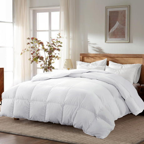 Queen Size Goose Feather Down Comforter – Ultra-Soft 100% Cotton Cover, Moisture