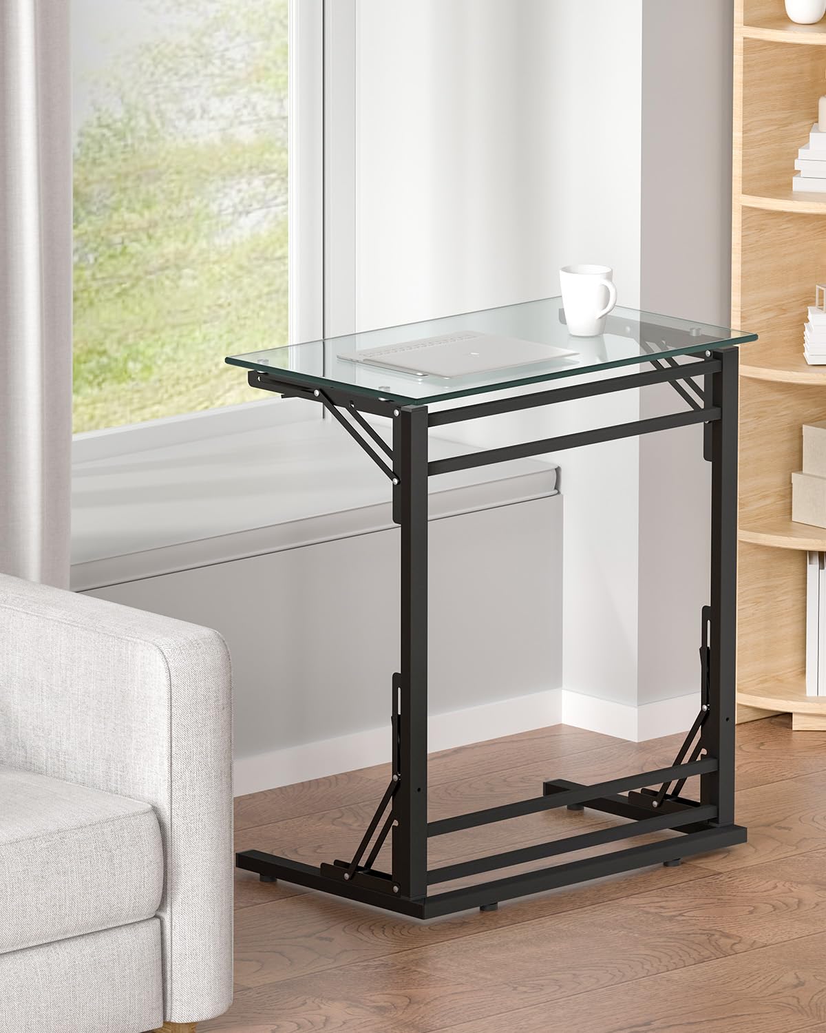 24" Folding TV Tray Table, Glass C Shaped End Table for Couch