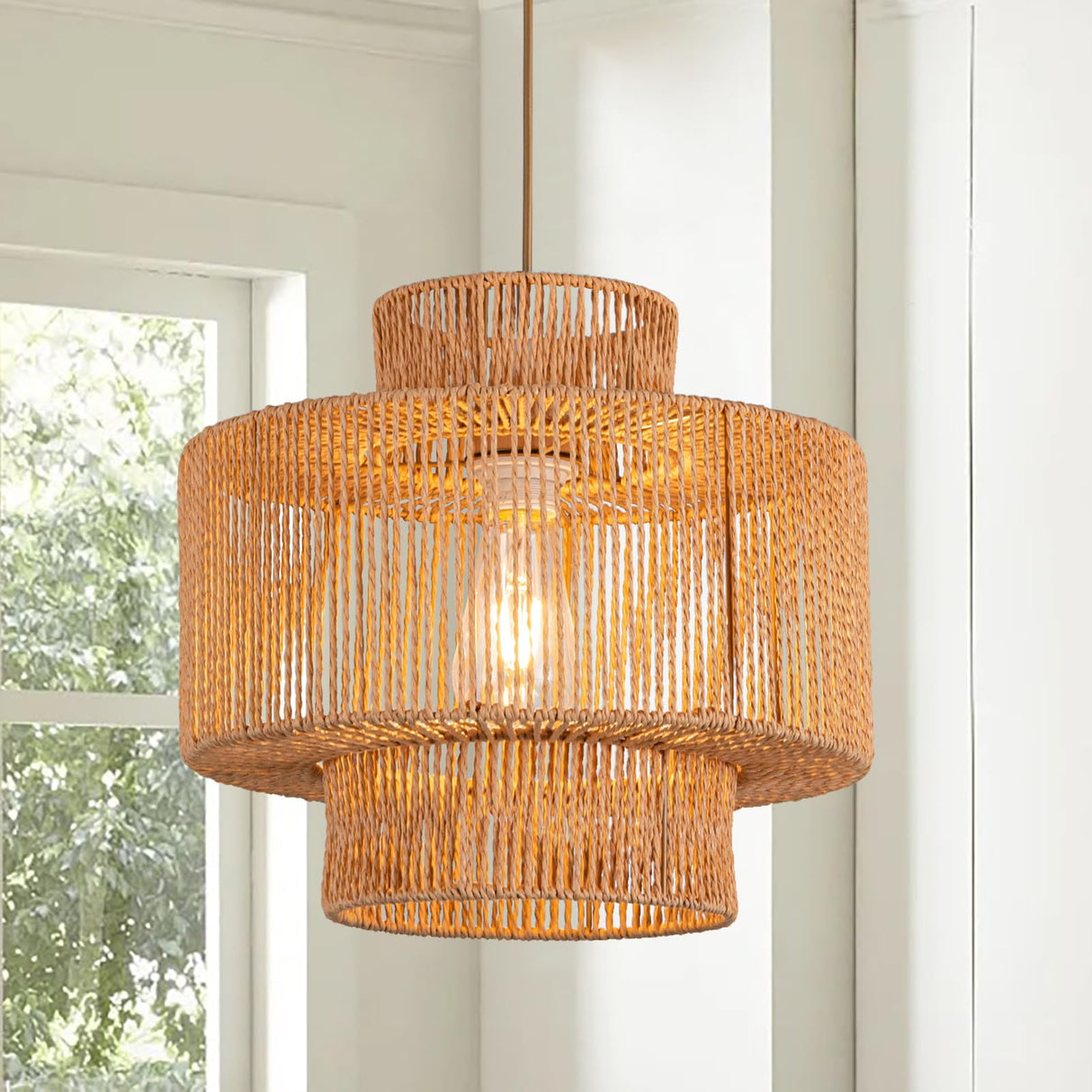 Rattan Pendant Light Fixture Boho Hanging Light Woven Rattan Ceiling Light Adjustable