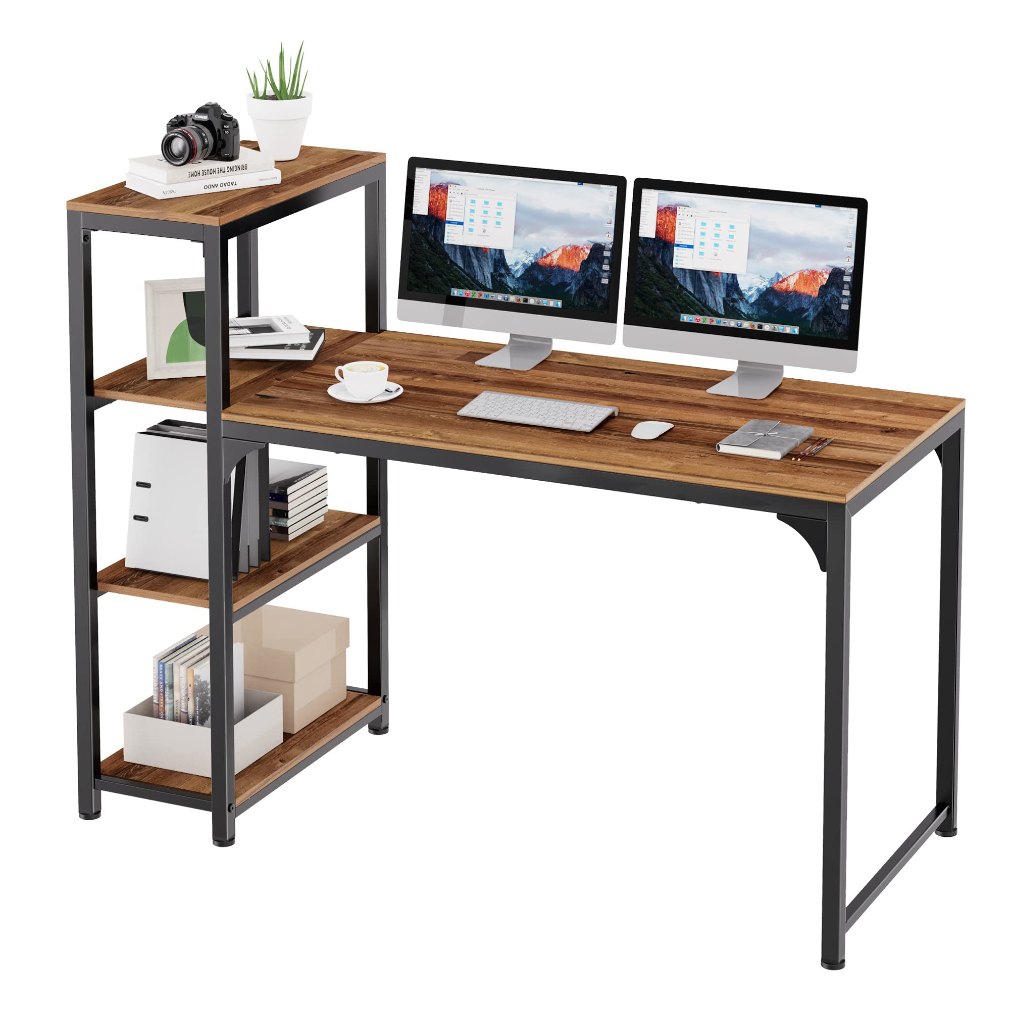 Computer Desk with 4 Tier Shelves, 55 Inch Heavy Duty Writing Study Table