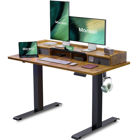 Electric Standing Desk with Dual Drawers, 55 x 24 Inches Height Adjustable Desk with Storage Shelf, Sit Stand Desk with 4 Memory Preset, 2 Storage Hooks, Stand Up Desk for Home Office, Vintage