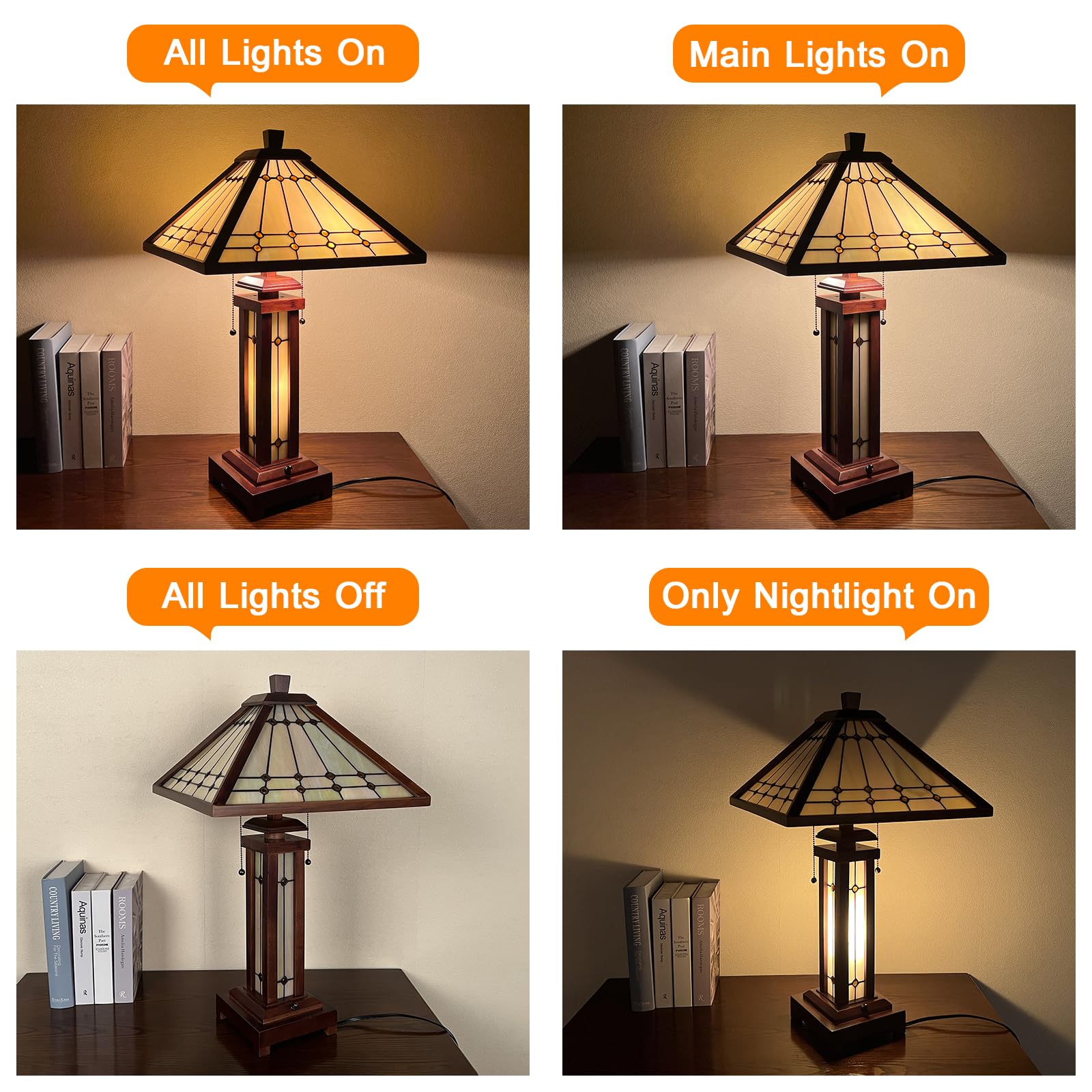 Tiffany Stained Glass Table Lamp with Night Light - 3-Light Mission Style