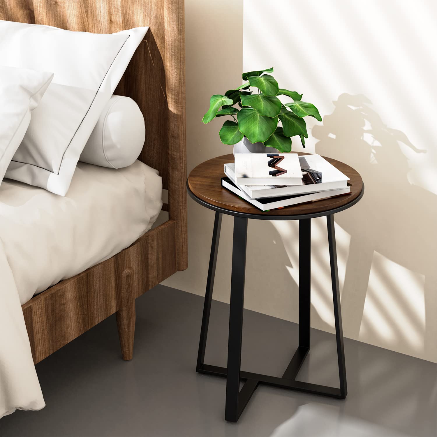 Round End Tables, Small Side Table Walnut Color MDF Top, Metal Frame Black