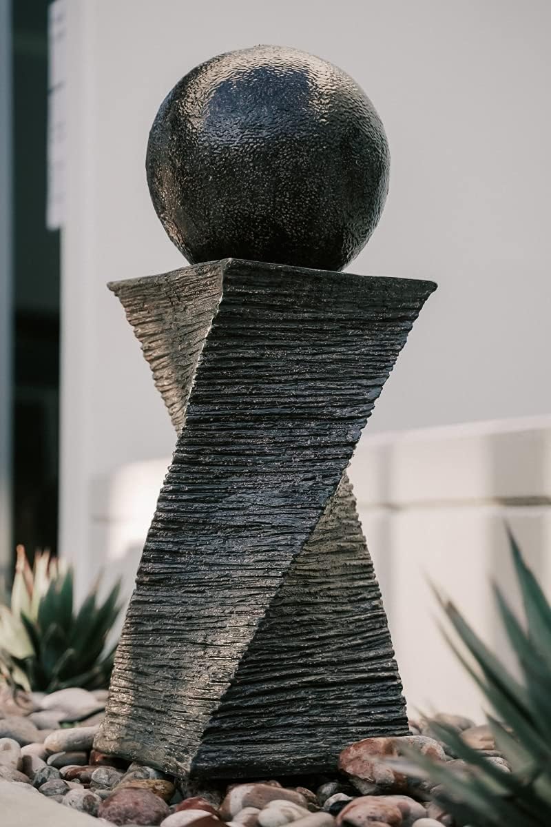 Modern Zen Ball Water Fountain, Curved Swirl Sphere Indoor Outdoor Decor, 30 Inch Tall