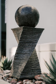 Modern Zen Ball Water Fountain, Curved Swirl Sphere Indoor Outdoor Decor, 30 Inch Tall