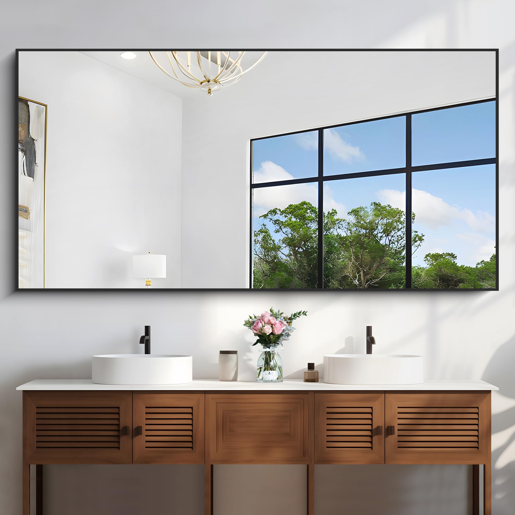 Large Black Wall Mounted Mirror,Aluminum Framed Decorative Rectangular