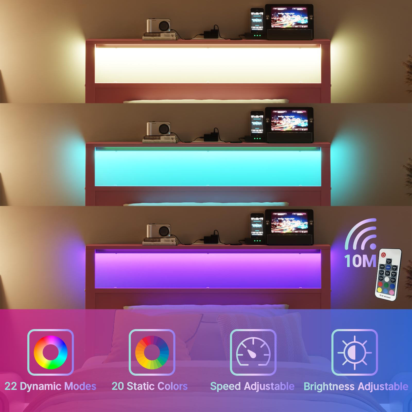 Twin Bed Frame with Storage, LED Lights & Charging Station