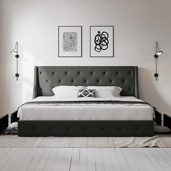 Premium King Size Bed Frame: Wingback Headboard