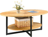 Oval Coffee Table with Storage Shelf, 43.3” Farmhouse Sofa Center Table