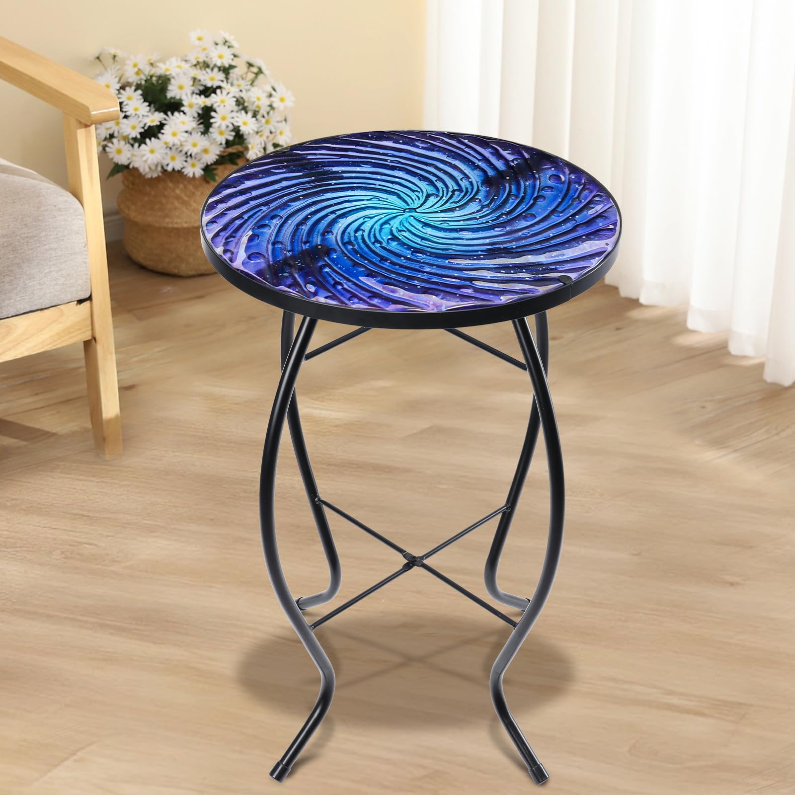 MUMTOP Outdoor End Tables for Patio, Deep Sea Round Side Table, Glass Accent Table for Outside, Garden, Balcony, Porch, Indoor Home Decor - Bircata