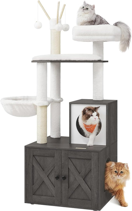 Woody Wonders Cat Tree with Litter Box Furniture Hidden Enclosure, 2-in-1 Modern Tower