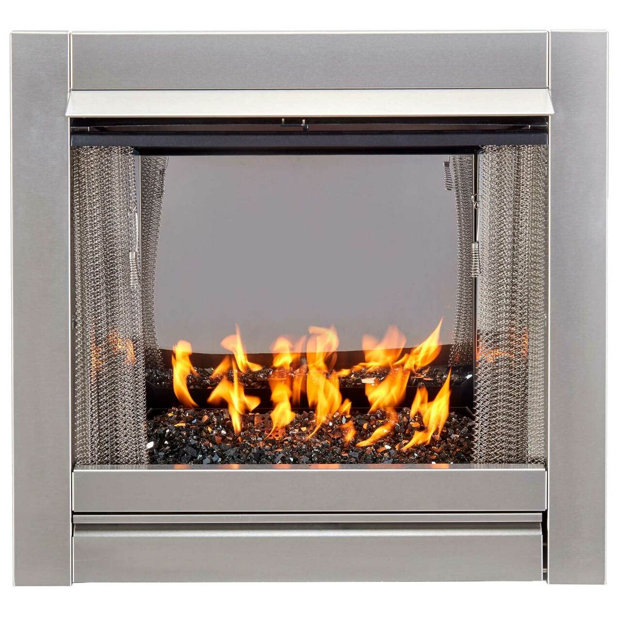 Ventless Stainless Outdoor Gas Fireplace Insert with Reflective Black Glass Media - 24,000 BTU, Manual Control - Model# DF450SS-G-RBLK