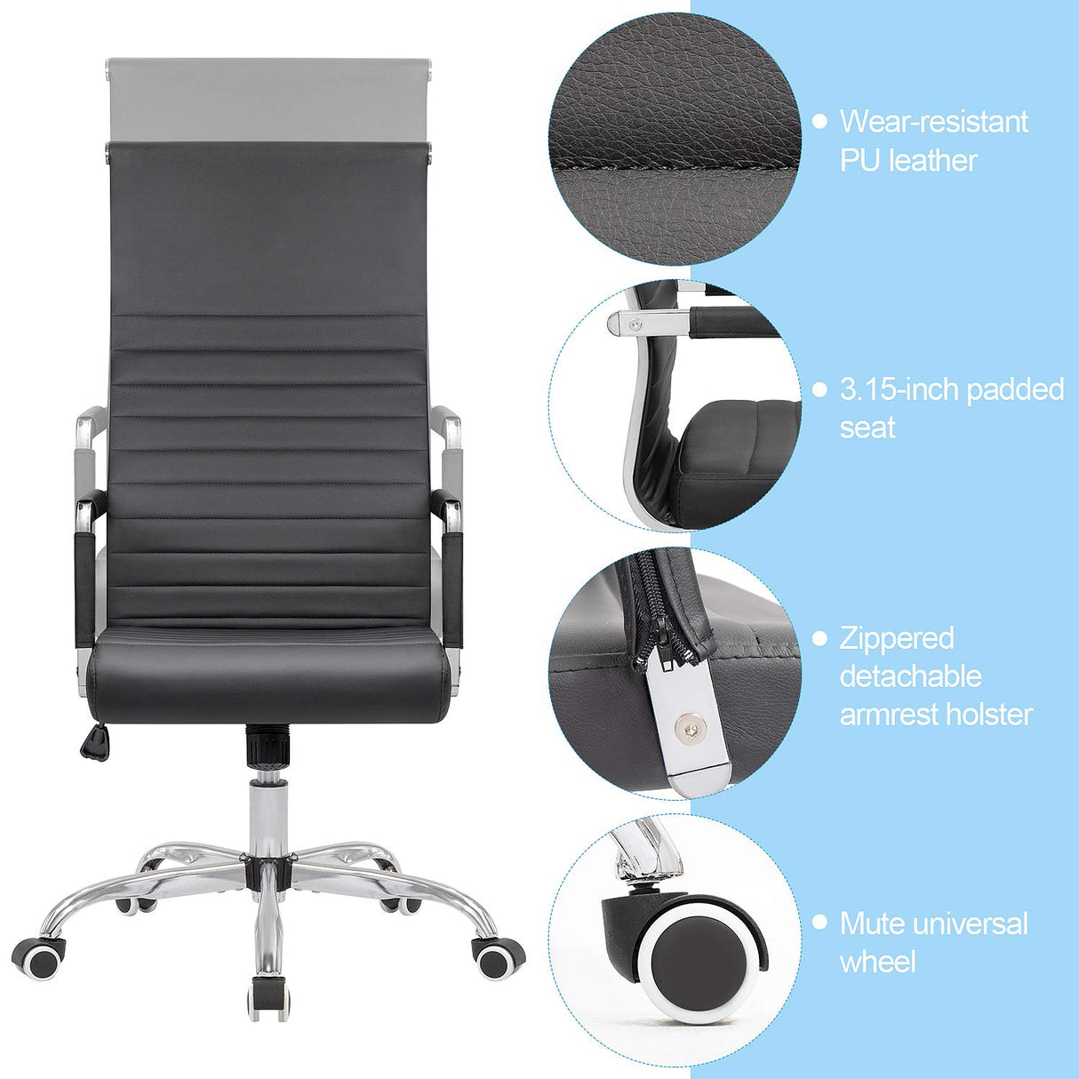 Ribbed Office Chair High Back PU Leather Desk Chair Adjustable Swivel Task Chair