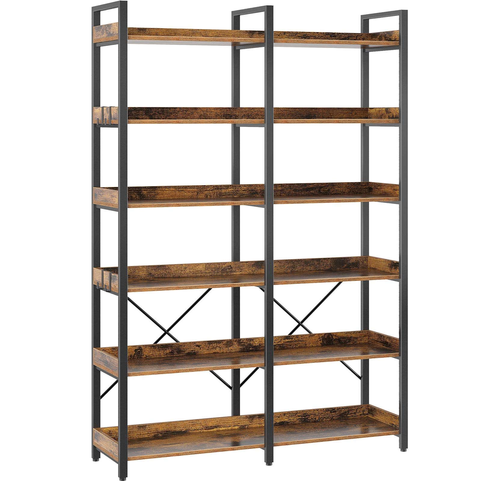 Bookshelf 6 Tier with 4 Hooks, 67” Industrial Wooden Bookcase, Vintage Storage Rack with Open Shelves, Rustic Standing Bookshelves Metal Frame 43.3” Wide Display Rack, Rustic Brown