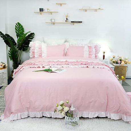 Vintage Girls Bedding Set 100% Cotton Queen Size 3Pcs Duvet Cover Set Multi Ruffles w