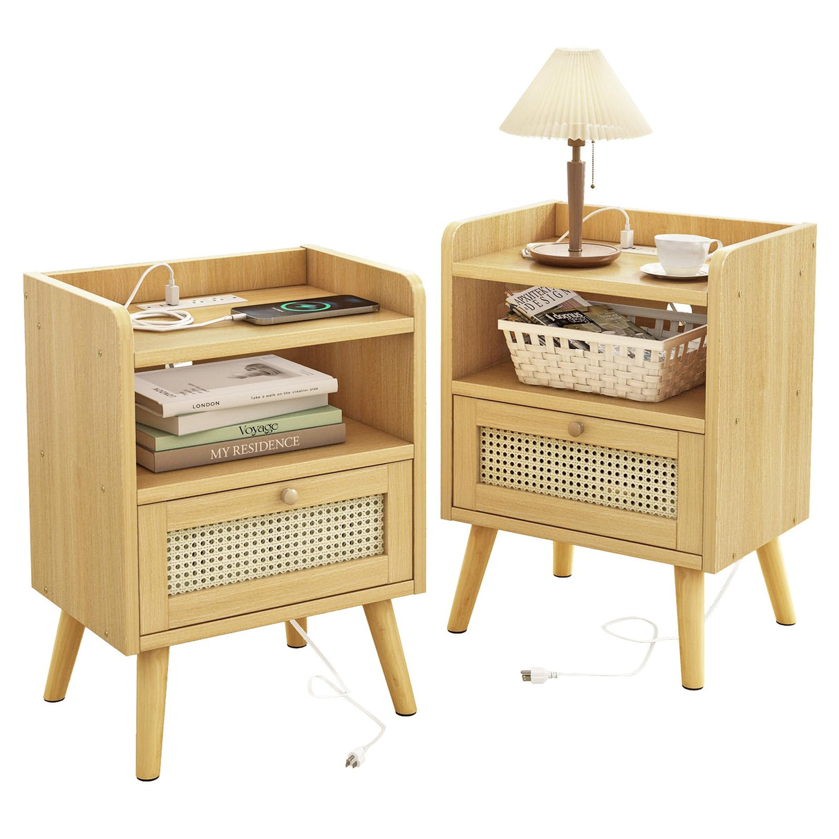 Fixwal Nightstands Set of 2 with Charging Staion, Night Stand with Rattan Decor Drawer, Open Storage Side Table Bedside Table with Solid Wood Feet for Bedroom, Natural